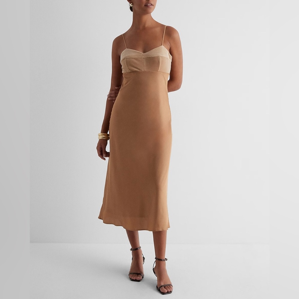 NWT EXPRESS Camel Brown Satin & Velvet Sweetheart Neckline Slip Dress